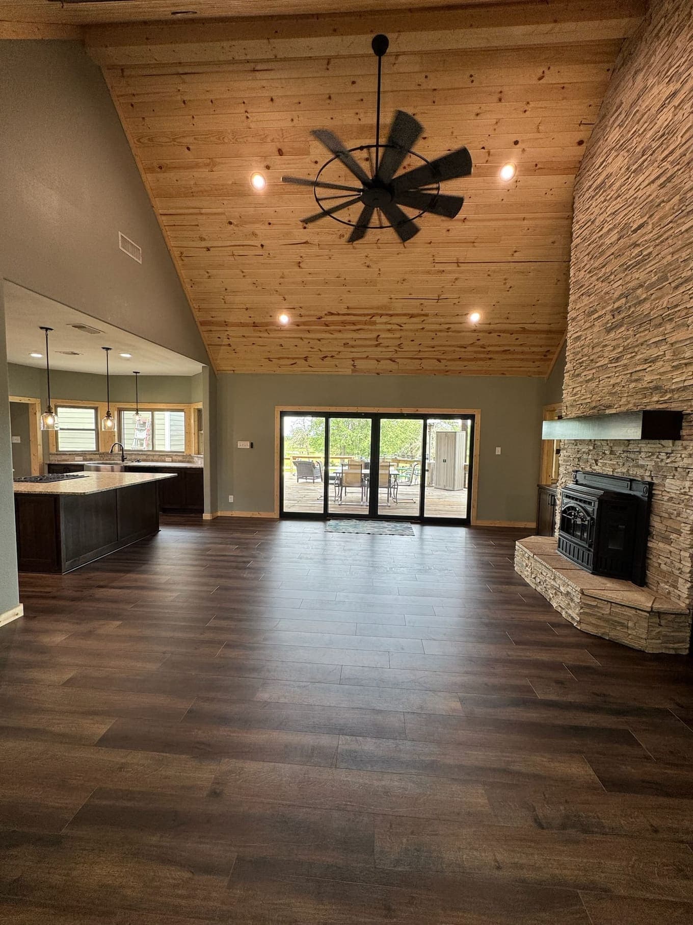 Hartless great room after — pine ceiling, new floors, modern farmhouse